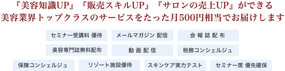 『美容知識UP』『販売スキルUP』『サロンの売上UP』ができる美容業界トップクラスのサービスをたった月500円相当でお届けします