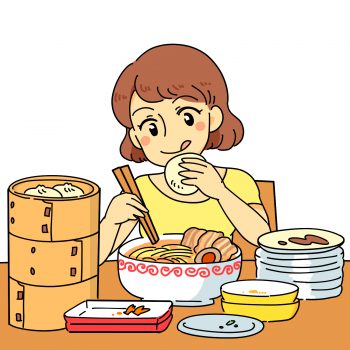 食欲旺盛でたくさん食べる女性のイラスト